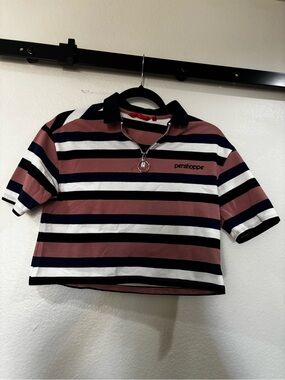 Girls' Striped Polo Crop Top - Pink, Navy & White